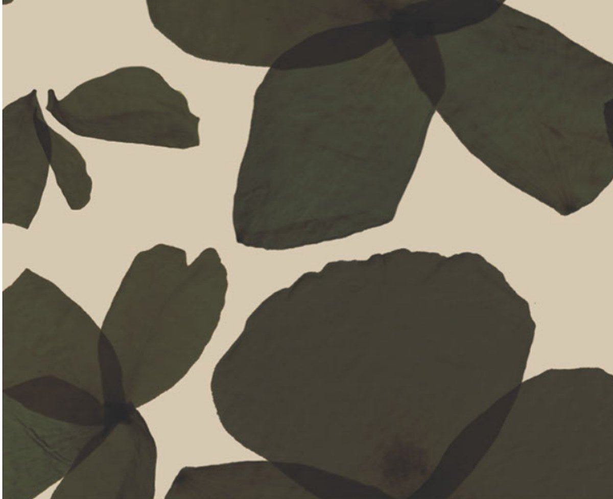 Papier peint Les Commères coloris Kaki, motif de pétales d'hortensia vert kaki sur fond greige