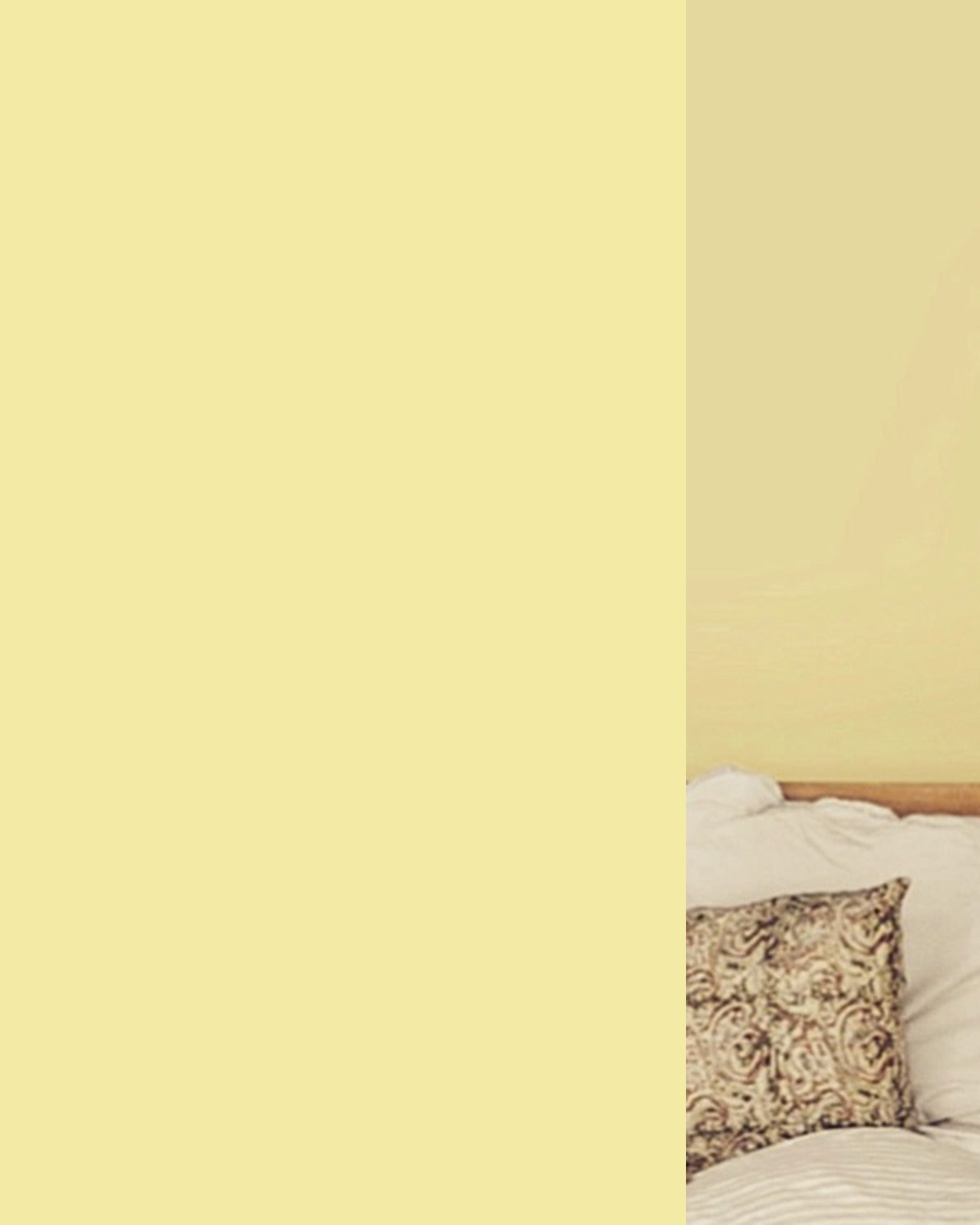 Échantillon de peinture Puissance 4 Bilboquet Deco, jaune paille présenté dans une chambre