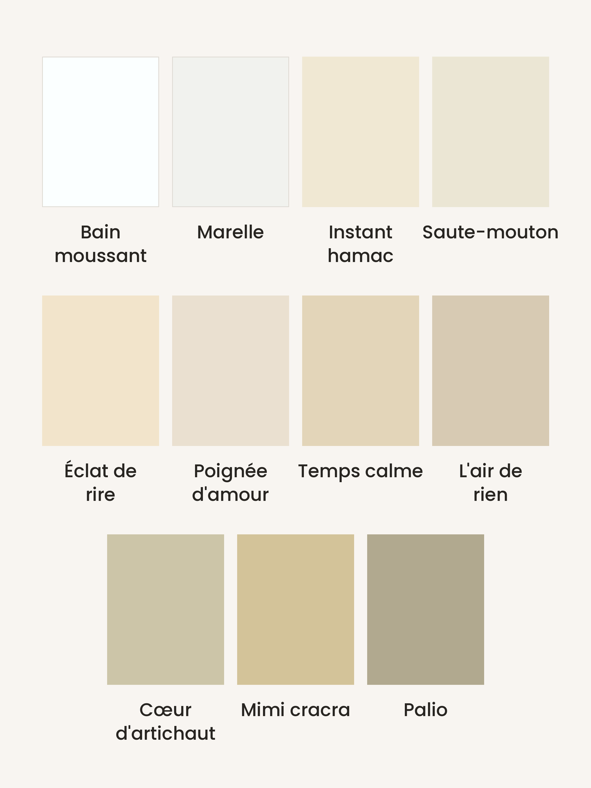 Nuancier Les Blancs & Neutres Bilboquet Déco : 11 échantillons de peinture, de Bain moussant à Palio