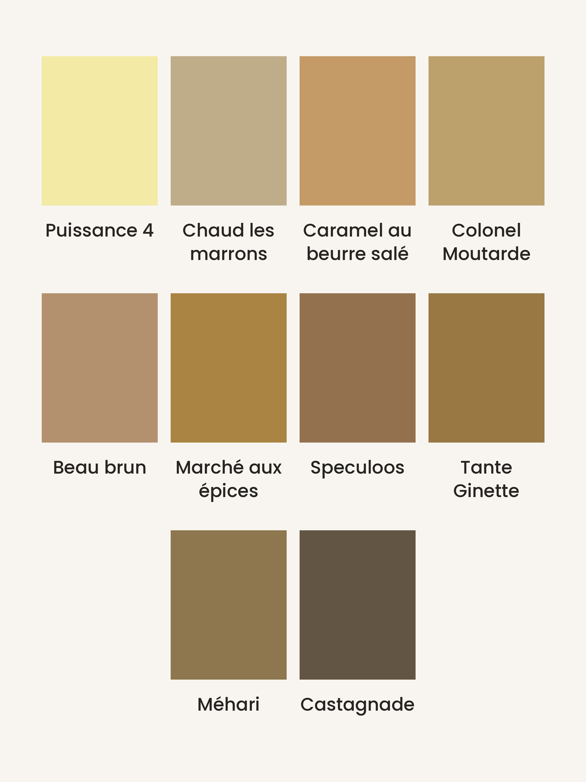 Nuancier Les Jaunes, Bruns & Ocres Bilboquet Déco : 10 échantillons de peinture, de Puissance 4 à Castagnade
