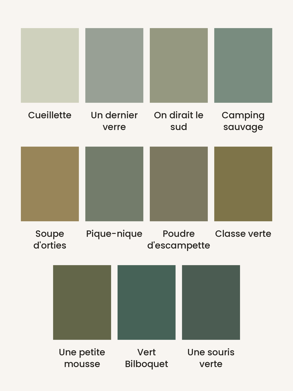 Nuancier Les Verts Bilboquet Déco : 11 échantillons de peinture, de Cueillette à Une souris verte