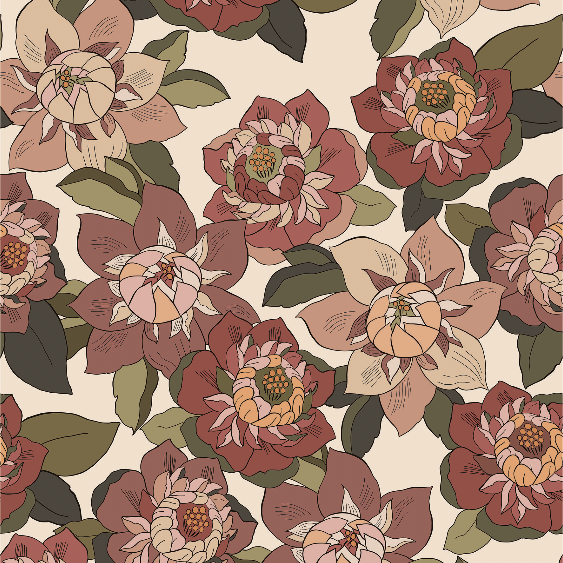 Motif du papier peint Hippie — grandes fleurs rouge brique, rose et feuillage vert sur fond crème — Bilboquet Déco